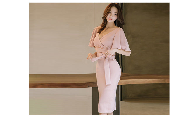 Women Fashion Lotus Leaf Short Sleeve V-neck Tie Back Slit Hip Pencil Skirt