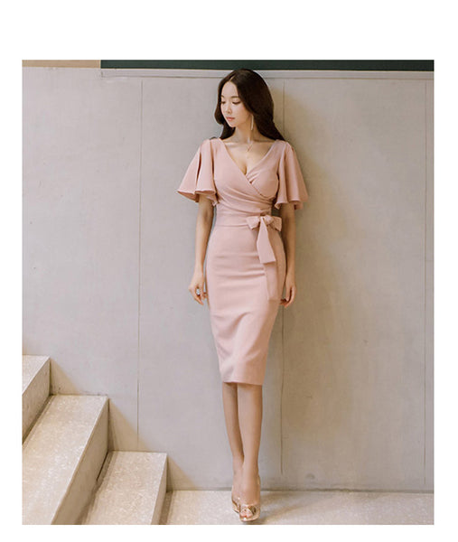 Women Fashion Lotus Leaf Short Sleeve V-neck Tie Back Slit Hip Pencil Skirt