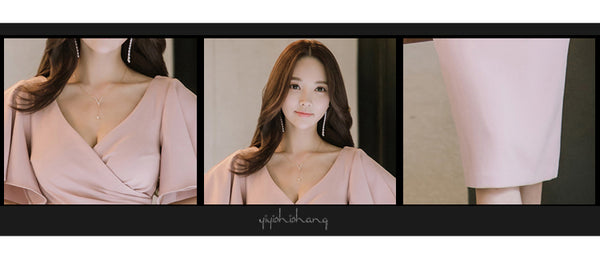 Women Fashion Lotus Leaf Short Sleeve V-neck Tie Back Slit Hip Pencil Skirt