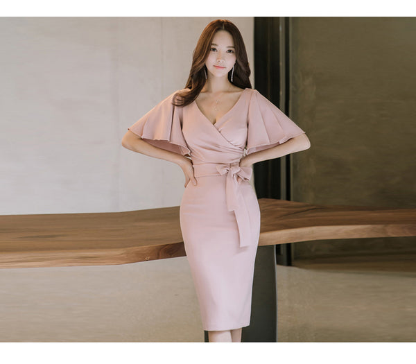 Women Fashion Lotus Leaf Short Sleeve V-neck Tie Back Slit Hip Pencil Skirt