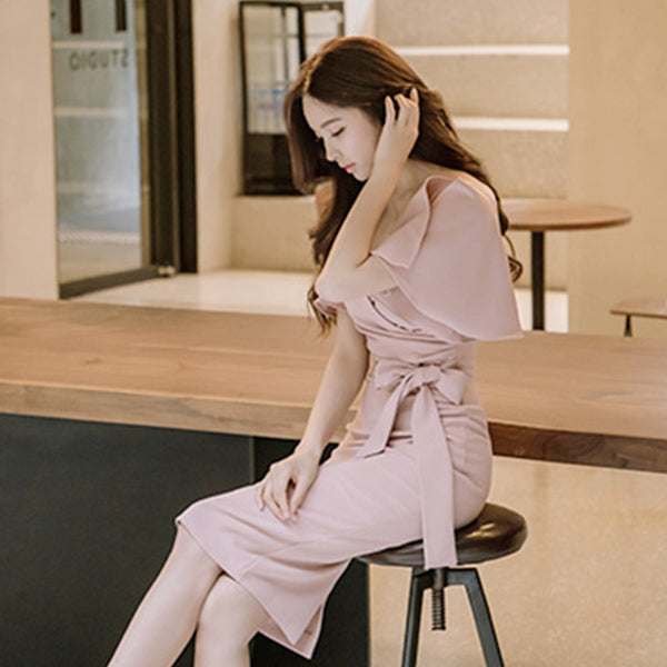 Women Fashion Lotus Leaf Short Sleeve V-neck Tie Back Slit Hip Pencil Skirt