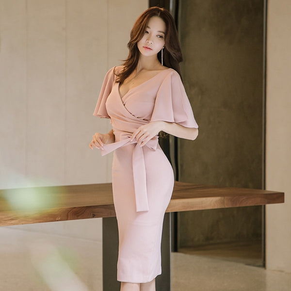 Women Fashion Lotus Leaf Short Sleeve V-neck Tie Back Slit Hip Pencil Skirt