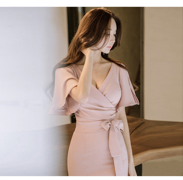 Women Fashion Lotus Leaf Short Sleeve V-neck Tie Back Slit Hip Pencil Skirt