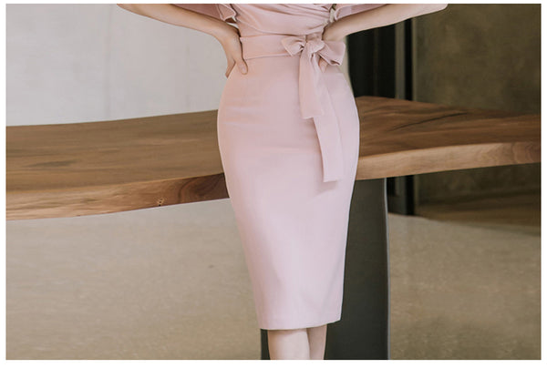 Women Fashion Lotus Leaf Short Sleeve V-neck Tie Back Slit Hip Pencil Skirt