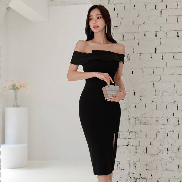 Women Spring Sexy Temperament Off Shoulder Pencil Black Color Dress