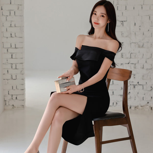 Women Spring Sexy Temperament Off Shoulder Pencil Black Color Dress