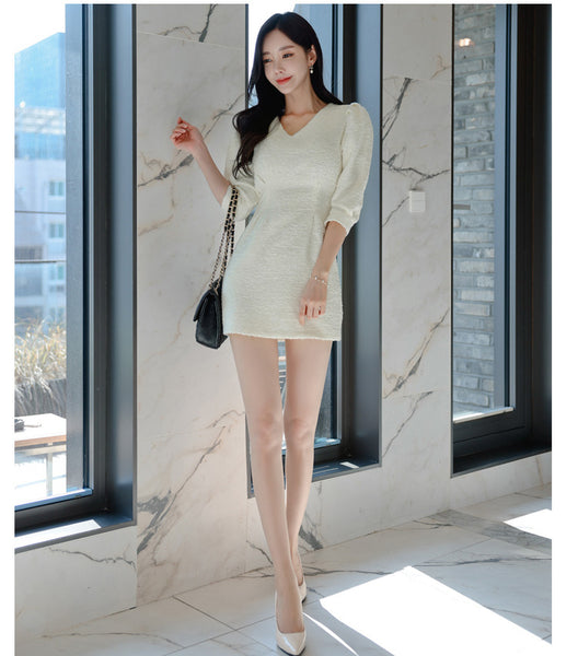 Spring Elegant Women Fashion Waist Slim V-neck Mid Sleeve Short Skirt Dress