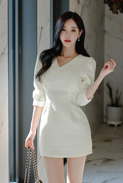 Spring Elegant Women Fashion Waist Slim V-neck Mid Sleeve Short Skirt Dress