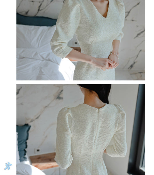 Spring Elegant Women Fashion Waist Slim V-neck Mid Sleeve Short Skirt Dress