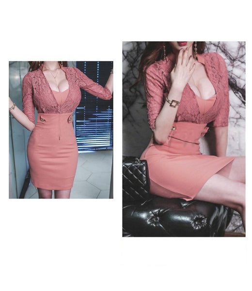 Sexy women Temperament Lace Stitching High Waist Big Breast Hip Dress