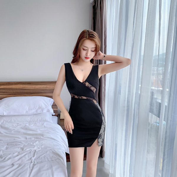 KTV Nightclub Night Show V Neck Waist Black Design Side Pattern Bodycon Dress