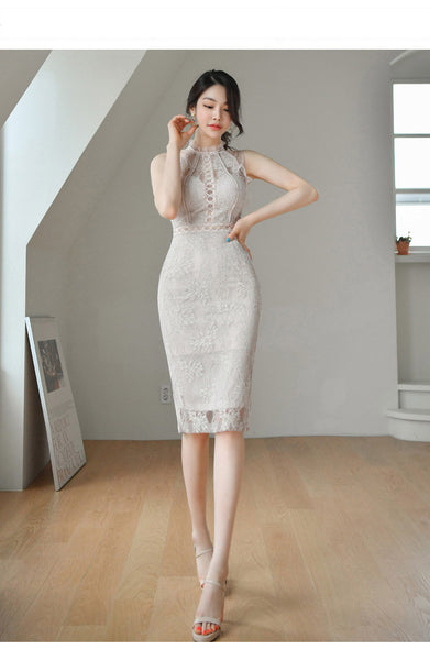 Summer Women High Collar Half Turtleneck Sleeveless Tulle Floral Lace Dress