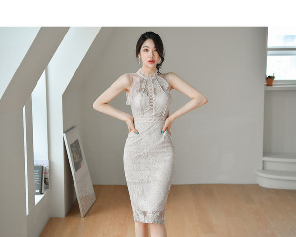Summer Women High Collar Half Turtleneck Sleeveless Tulle Floral Lace Dress