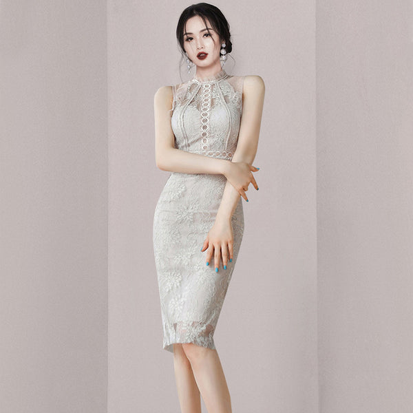 Summer Women High Collar Half Turtleneck Sleeveless Tulle Floral Lace Dress