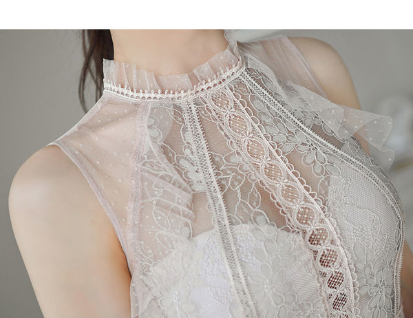 Summer Women High Collar Half Turtleneck Sleeveless Tulle Floral Lace Dress