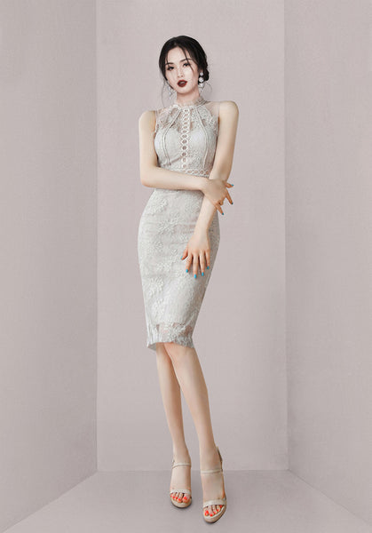 Summer Women High Collar Half Turtleneck Sleeveless Tulle Floral Lace Dress