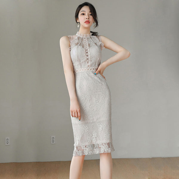Summer Women High Collar Half Turtleneck Sleeveless Tulle Floral Lace Dress