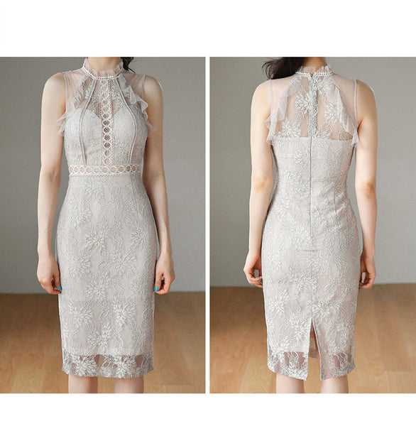 Summer Women High Collar Half Turtleneck Sleeveless Tulle Floral Lace Dress