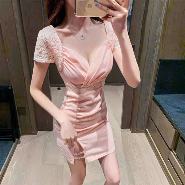 Chic Women Lithe Square Neck Lace Underneath Thigh Slit Split Skirt