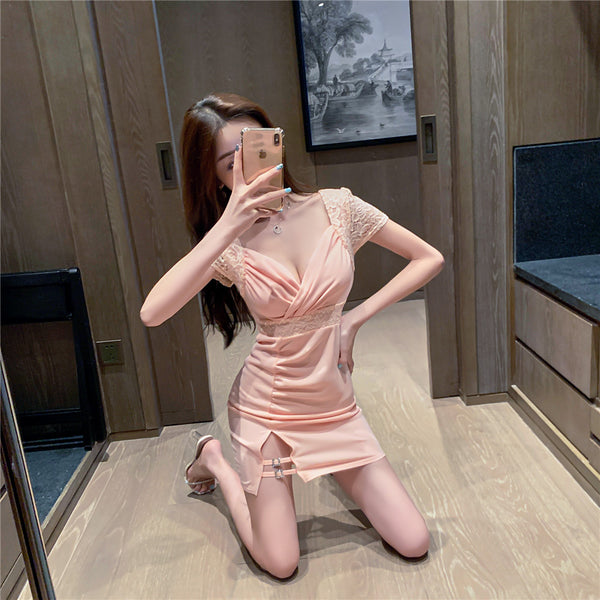 Chic Women Lithe Square Neck Lace Underneath Thigh Slit Split Skirt