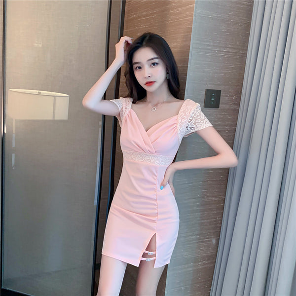 Chic Women Lithe Square Neck Lace Underneath Thigh Slit Split Skirt