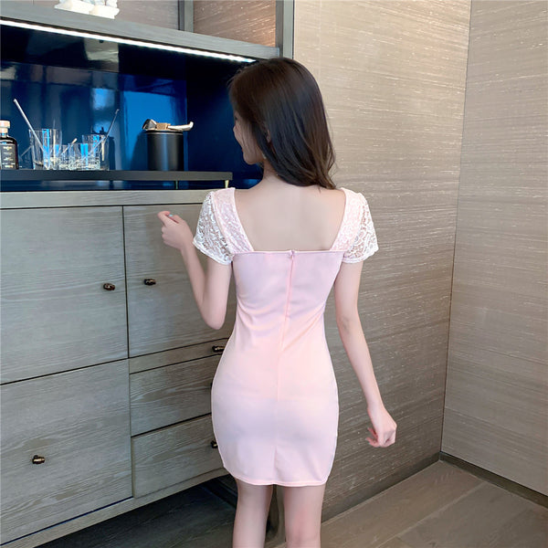 Chic Women Lithe Square Neck Lace Underneath Thigh Slit Split Skirt