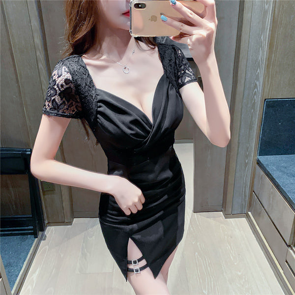 Chic Women Lithe Square Neck Lace Underneath Thigh Slit Split Skirt