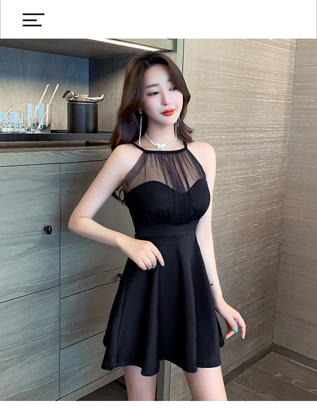 Nightclub Bridesmaid Sexy Temperament Hollowed Out Mesh Neck Short Flare Skirt Dress