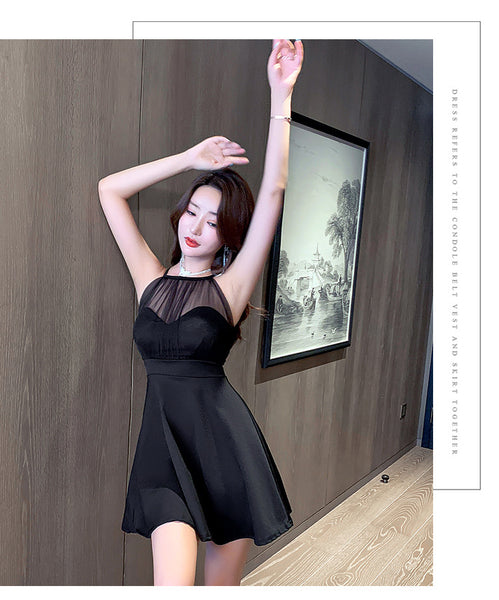 Nightclub Bridesmaid Sexy Temperament Hollowed Out Mesh Neck Short Flare Skirt Dress