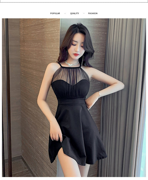 Nightclub Bridesmaid Sexy Temperament Hollowed Out Mesh Neck Short Flare Skirt Dress