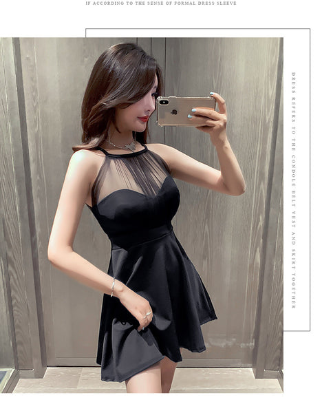 Nightclub Bridesmaid Sexy Temperament Hollowed Out Mesh Neck Short Flare Skirt Dress