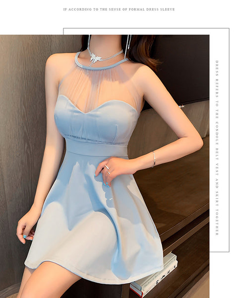 Nightclub Bridesmaid Sexy Temperament Hollowed Out Mesh Neck Short Flare Skirt Dress