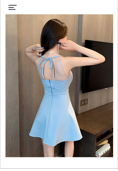 Nightclub Bridesmaid Sexy Temperament Hollowed Out Mesh Neck Short Flare Skirt Dress