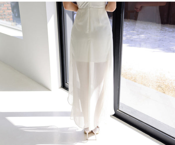 Summer Beach Sexy Slanted Sloping Shoulder Stitching Banquet Irregular Long Skirt Dress