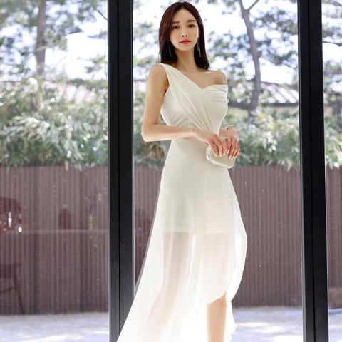 Summer Beach Sexy Slanted Sloping Shoulder Stitching Banquet Irregular Long Skirt Dress