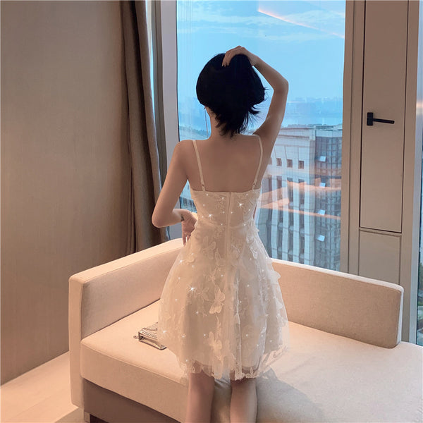 Summer Mesh Sequins Bling Butterfly Printed Sling Strap Flare Dress