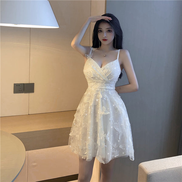 Summer Mesh Sequins Bling Butterfly Printed Sling Strap Flare Dress