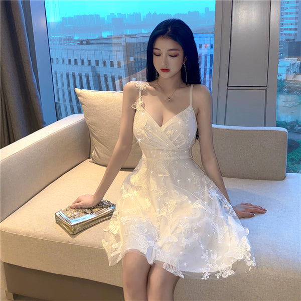Summer Mesh Sequins Bling Butterfly Printed Sling Strap Flare Dress