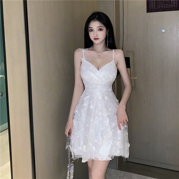 Summer Mesh Sequins Bling Butterfly Printed Sling Strap Flare Dress
