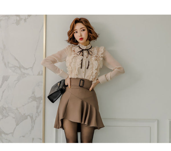 Temperament Stand Collar Lace Shirt Ruffled Shirt Two Piece Set