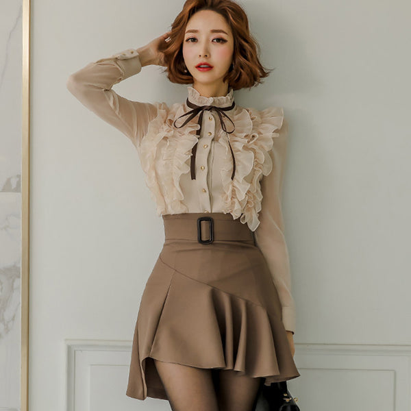Temperament Stand Collar Lace Shirt Ruffled Shirt Two Piece Set