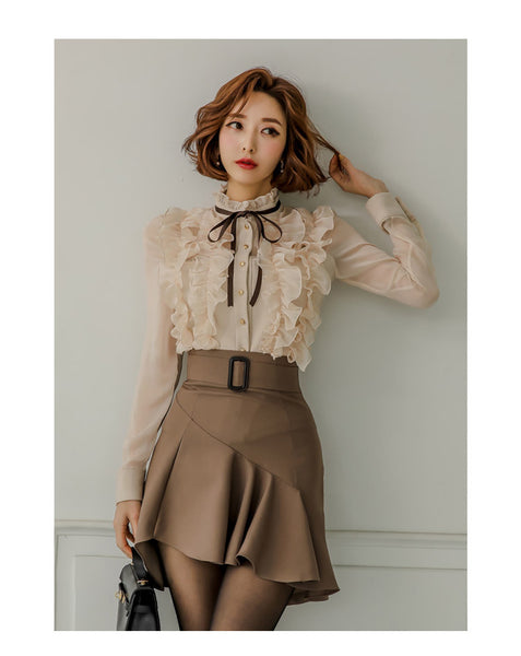 Temperament Stand Collar Lace Shirt Ruffled Shirt Two Piece Set