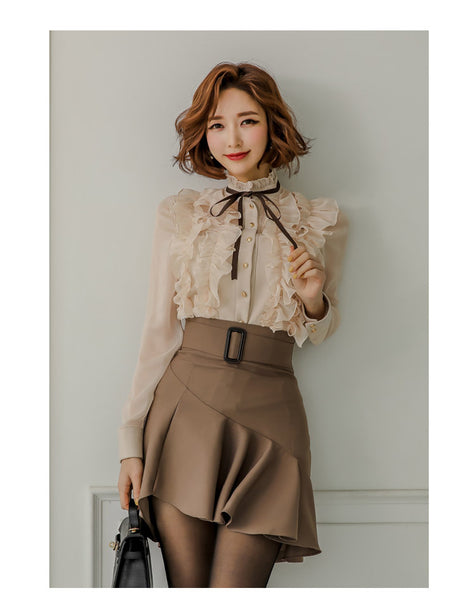 Temperament Stand Collar Lace Shirt Ruffled Shirt Two Piece Set