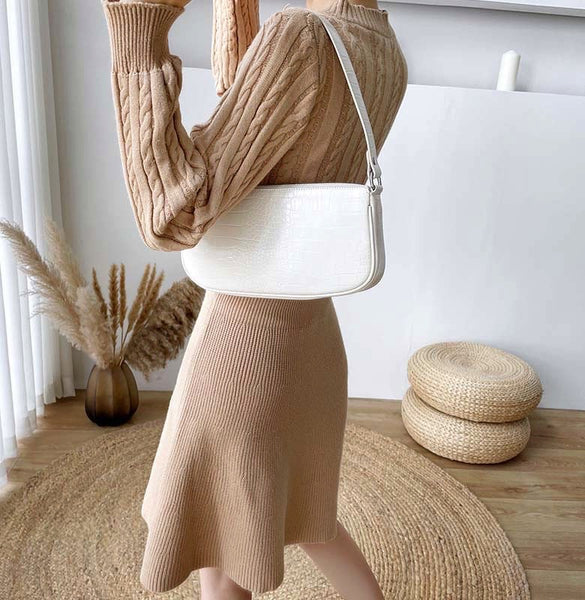 Knitted Chic Women Temperament Mid Length High Waist Stripes Dress