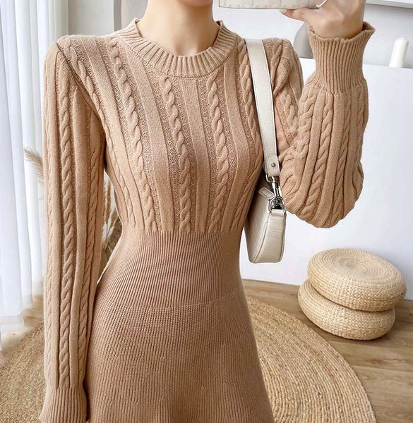 Knitted Chic Women Temperament Mid Length High Waist Stripes Dress