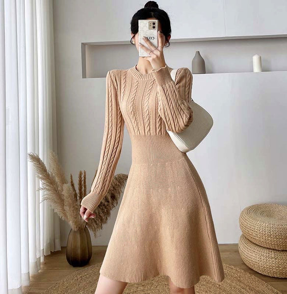 Knitted Chic Women Temperament Mid Length High Waist Stripes Dress