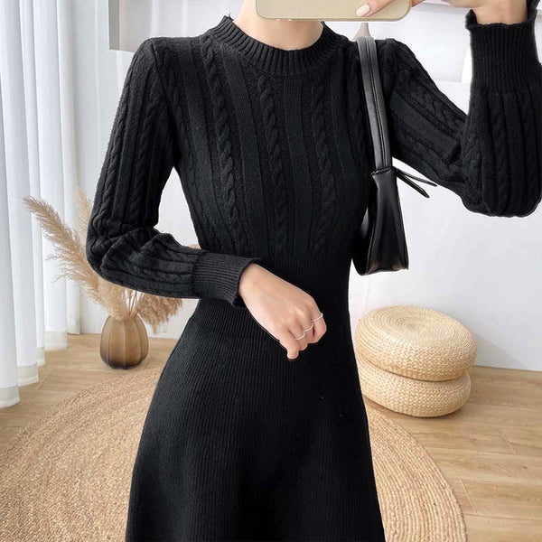 Knitted Chic Women Temperament Mid Length High Waist Stripes Dress