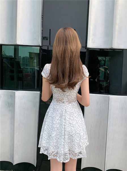 Women V-neck Temperament Sexy Backless Lace A Line Dress Skirt
