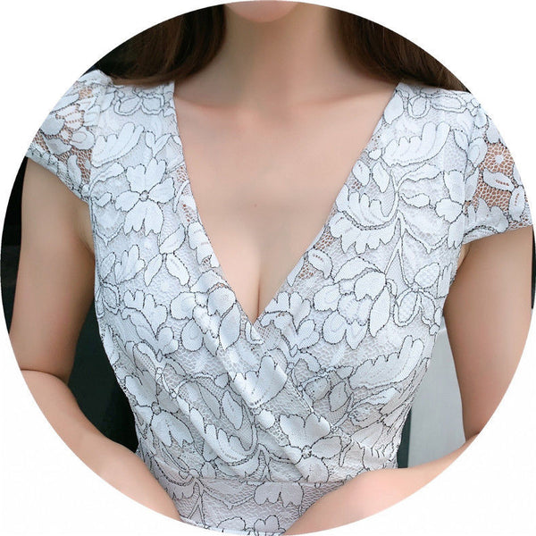 Women V-neck Temperament Sexy Backless Lace A Line Dress Skirt