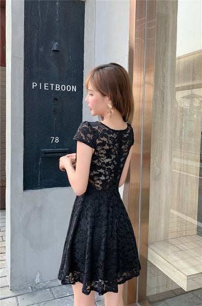 Women V-neck Temperament Sexy Backless Lace A Line Dress Skirt